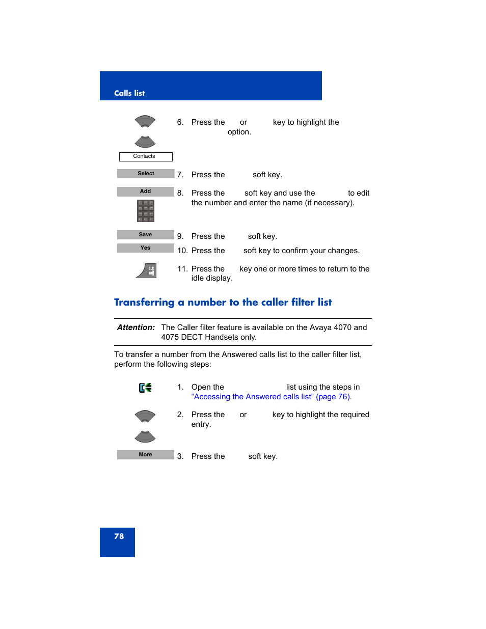 Transferring a number to the caller filter list | Avaya 4075 User Manual | Page 78 / 252