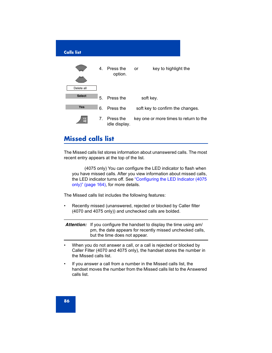 Missed calls list | Avaya 4075 User Manual | Page 86 / 252