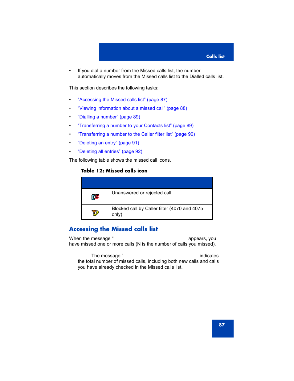 Accessing the missed calls list | Avaya 4075 User Manual | Page 87 / 252