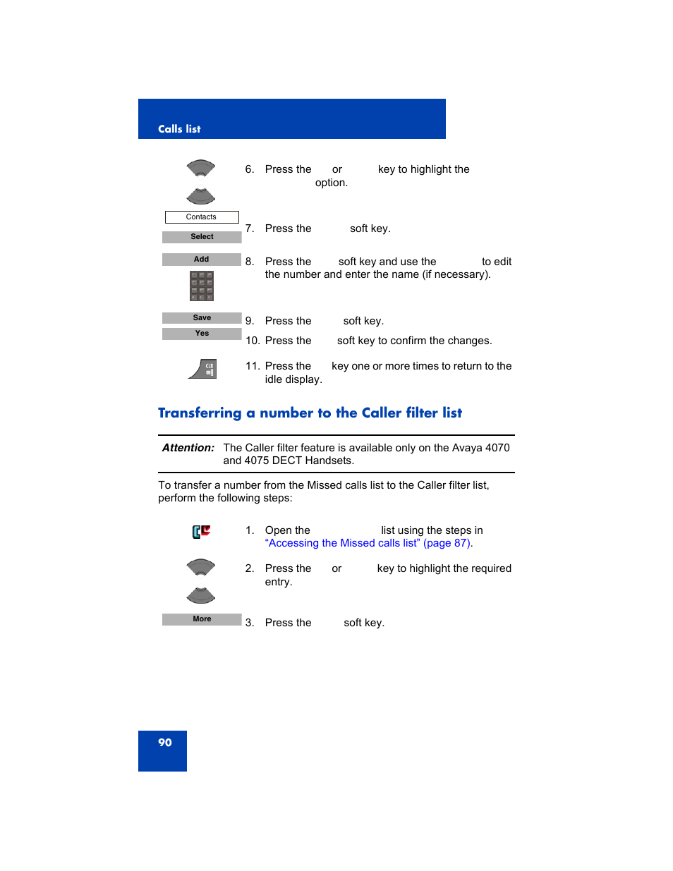 Transferring a number to the caller filter list | Avaya 4075 User Manual | Page 90 / 252