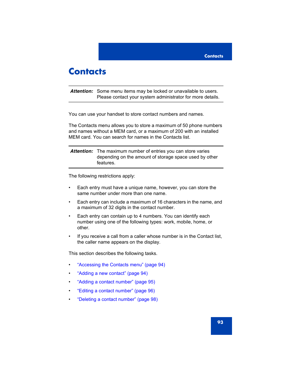 Contacts | Avaya 4075 User Manual | Page 93 / 252