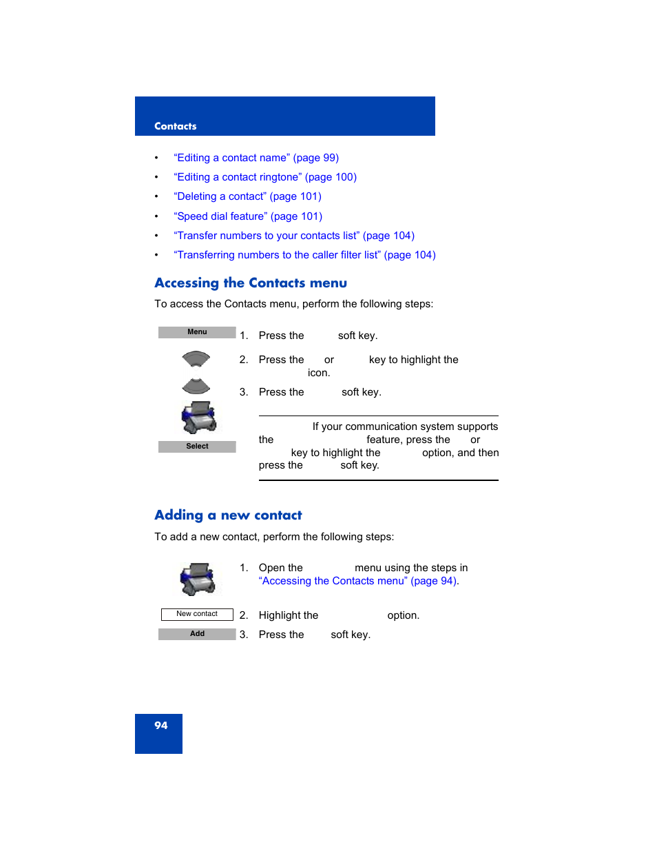 Accessing the contacts menu, Adding a new contact, Accessing the contacts menu adding a new contact | Avaya 4075 User Manual | Page 94 / 252