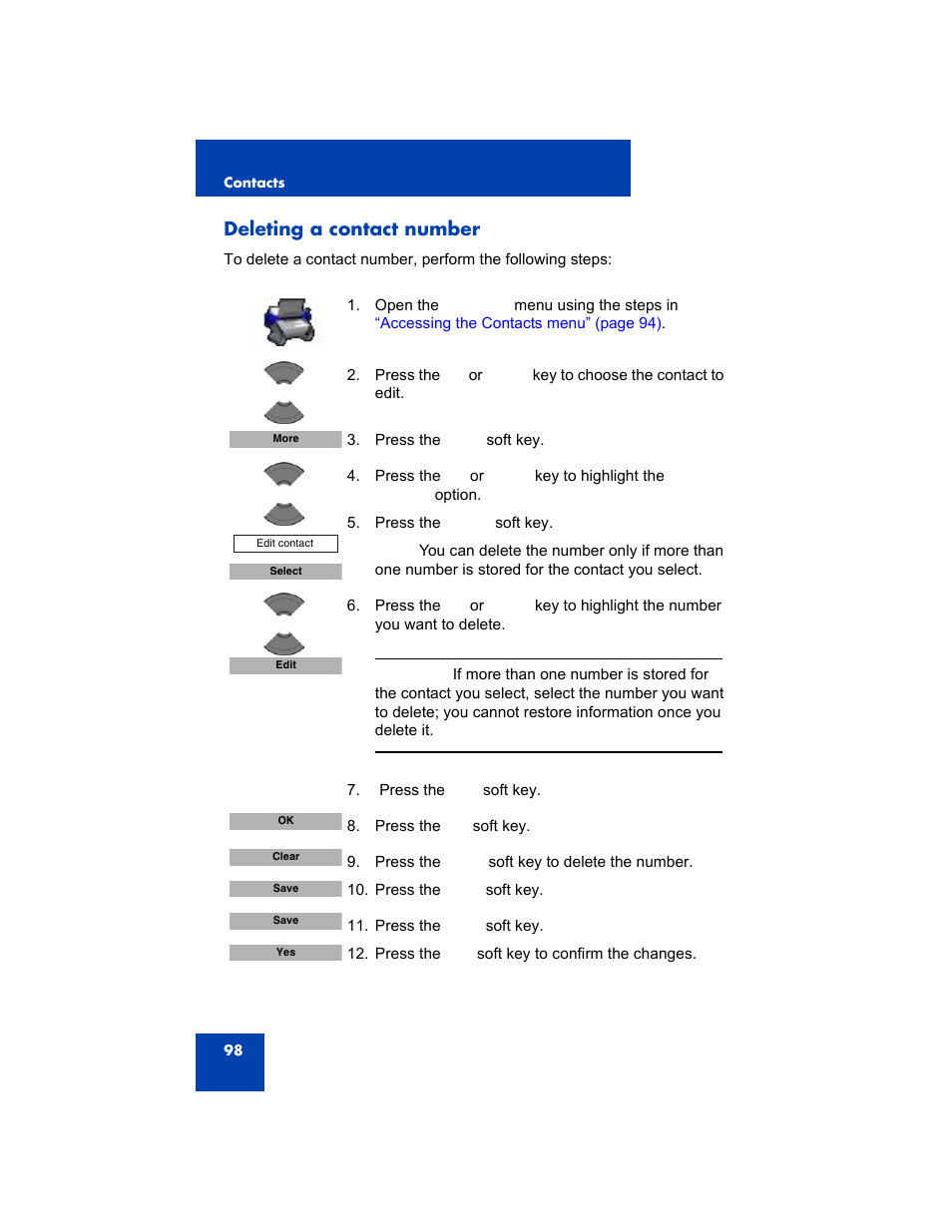 Deleting a contact number | Avaya 4075 User Manual | Page 98 / 252
