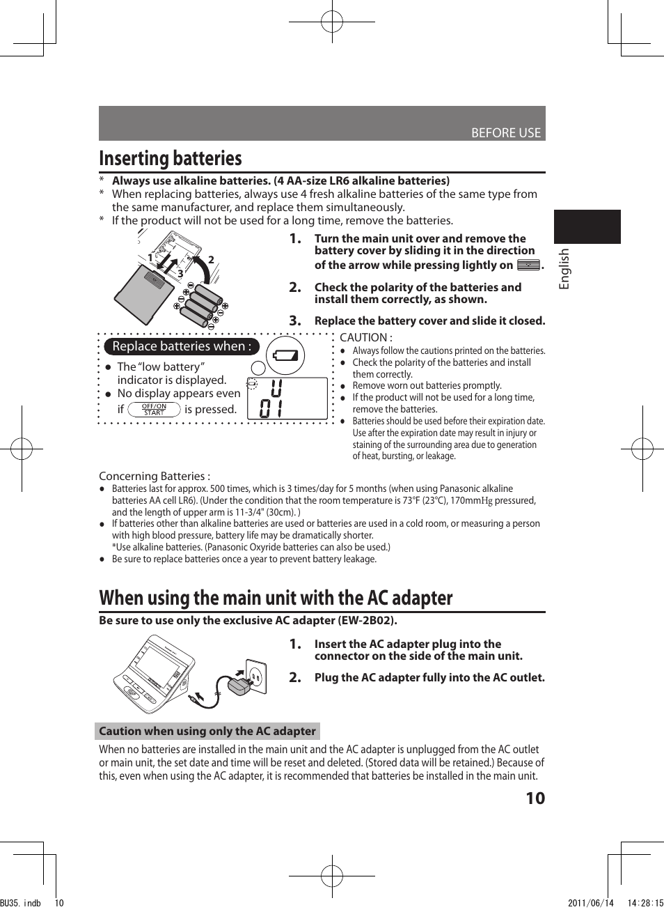 Inserting batteries, When using the main unit with the ac adapter | Panasonic EW-BU35W User Manual | Page 11 / 28