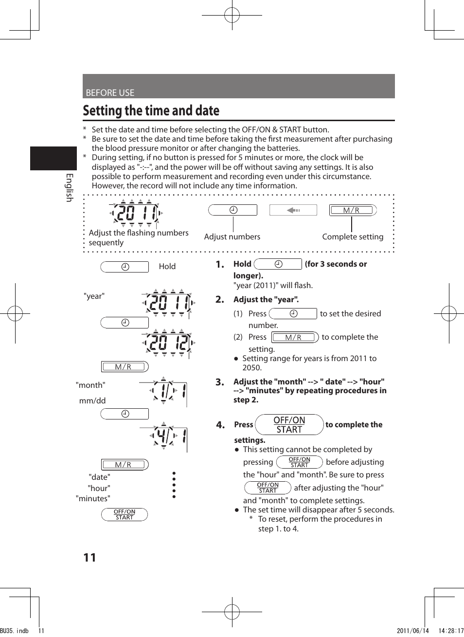 Setting the time and date | Panasonic EW-BU35W User Manual | Page 12 / 28