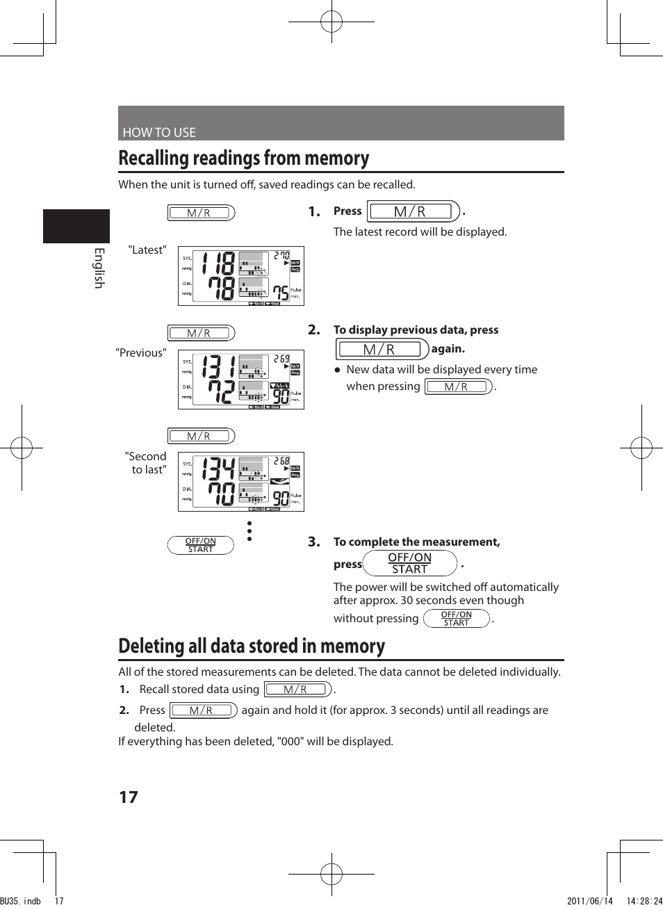 Recalling readings from memory, Deleting all data stored in memory | Panasonic EW-BU35W User Manual | Page 18 / 28