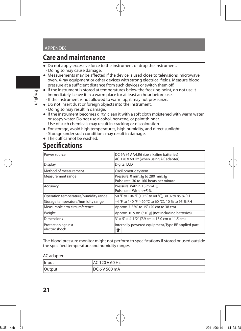 Care and maintenance, Specifications | Panasonic EW-BU35W User Manual | Page 22 / 28