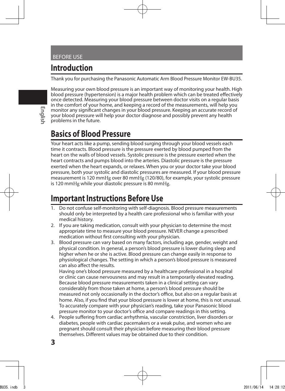 Introduction, Basics of blood pressure, Important instructions before use | Panasonic EW-BU35W User Manual | Page 4 / 28