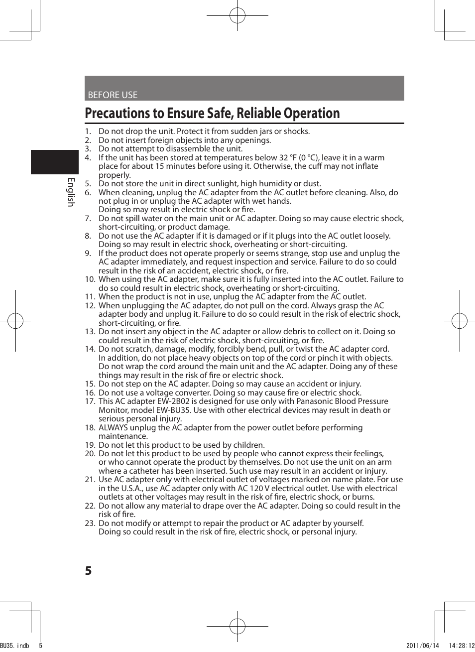 Precautions to ensure safe, reliable operation | Panasonic EW-BU35W User Manual | Page 6 / 28