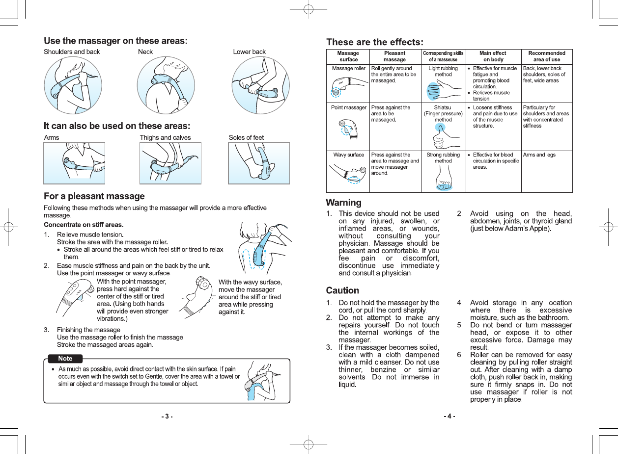 Use the massager on these areas, These are the effects, It can also be used on these areas | For a pleasant massage, Warning, Caution | Panasonic EV2510K User Manual | Page 3 / 9