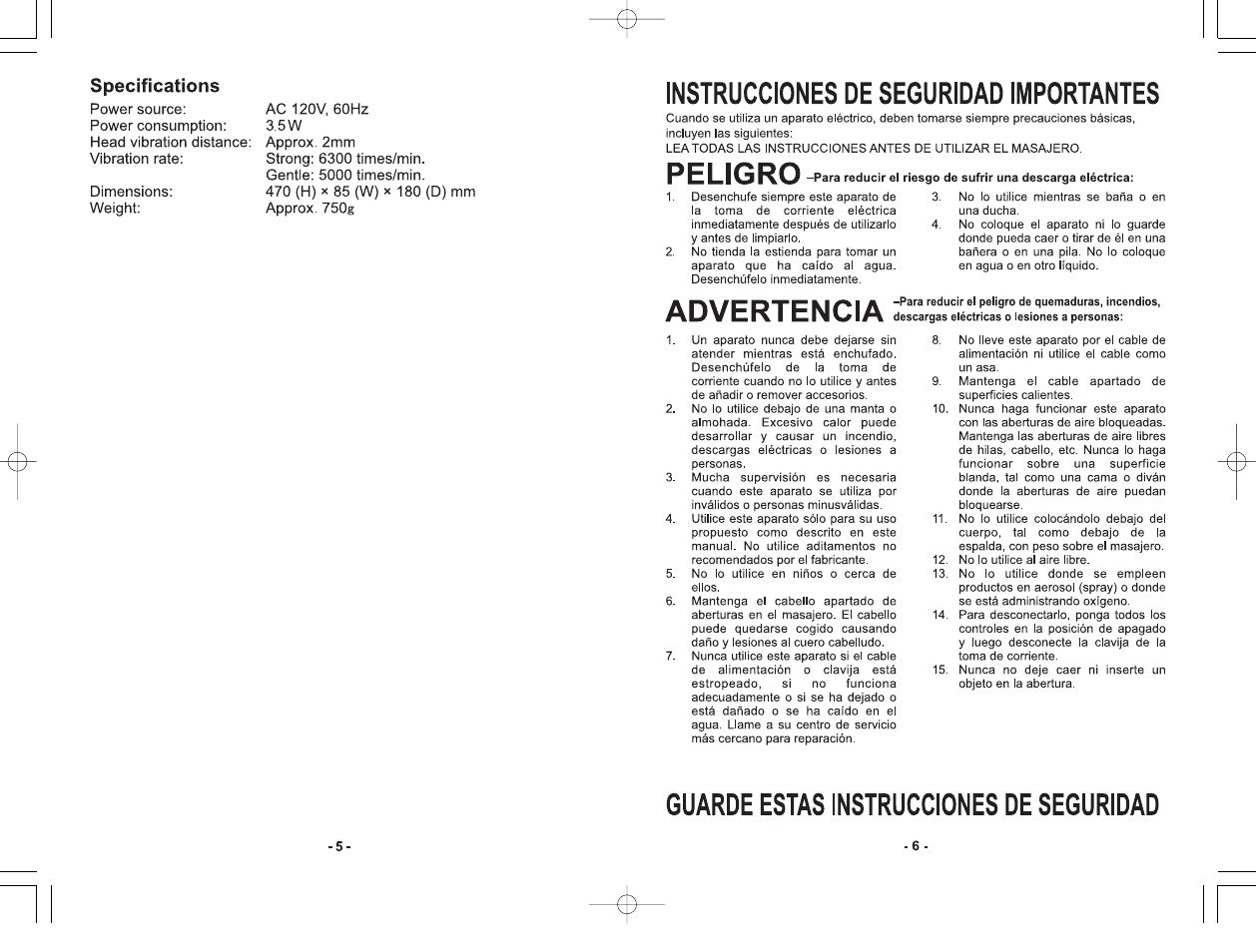 Instrucciones de seguridad importantes, Peligro, Advertencia | Guarde estas instrucciones de seguridad, Specifications | Panasonic EV2510K User Manual | Page 4 / 9