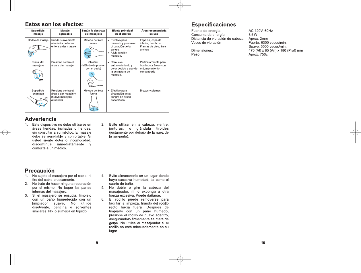 Estos son los efectos, Advertencia, Especificaciones | Precaución | Panasonic EV2510K User Manual | Page 6 / 9