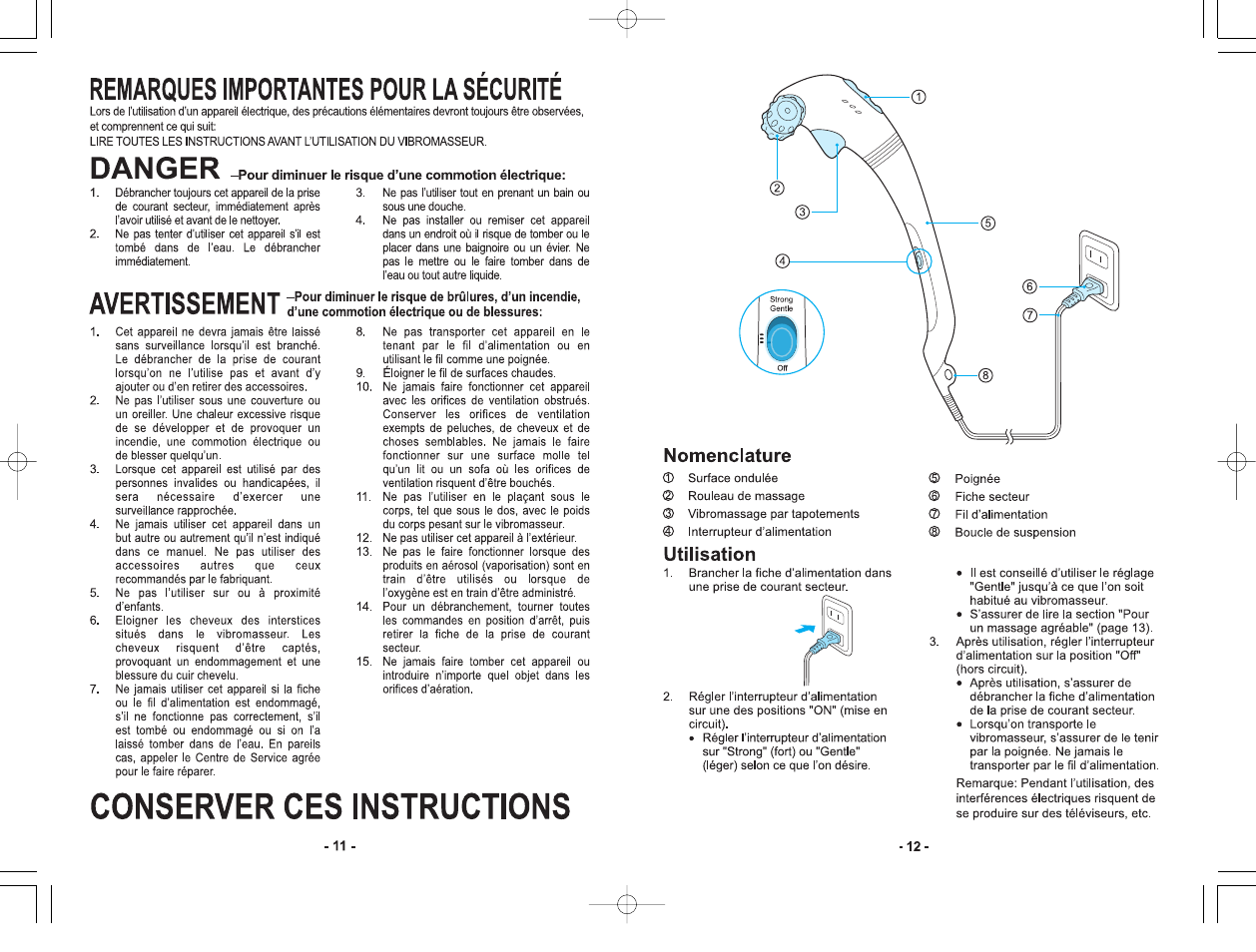 Pour diminuer ie risque d’une commotion éiectrique, Nomenclature, Utilisation | Remarques importantes pour la securite, Danger, Conserver ces instructions, Avertissement | Panasonic EV2510K User Manual | Page 7 / 9