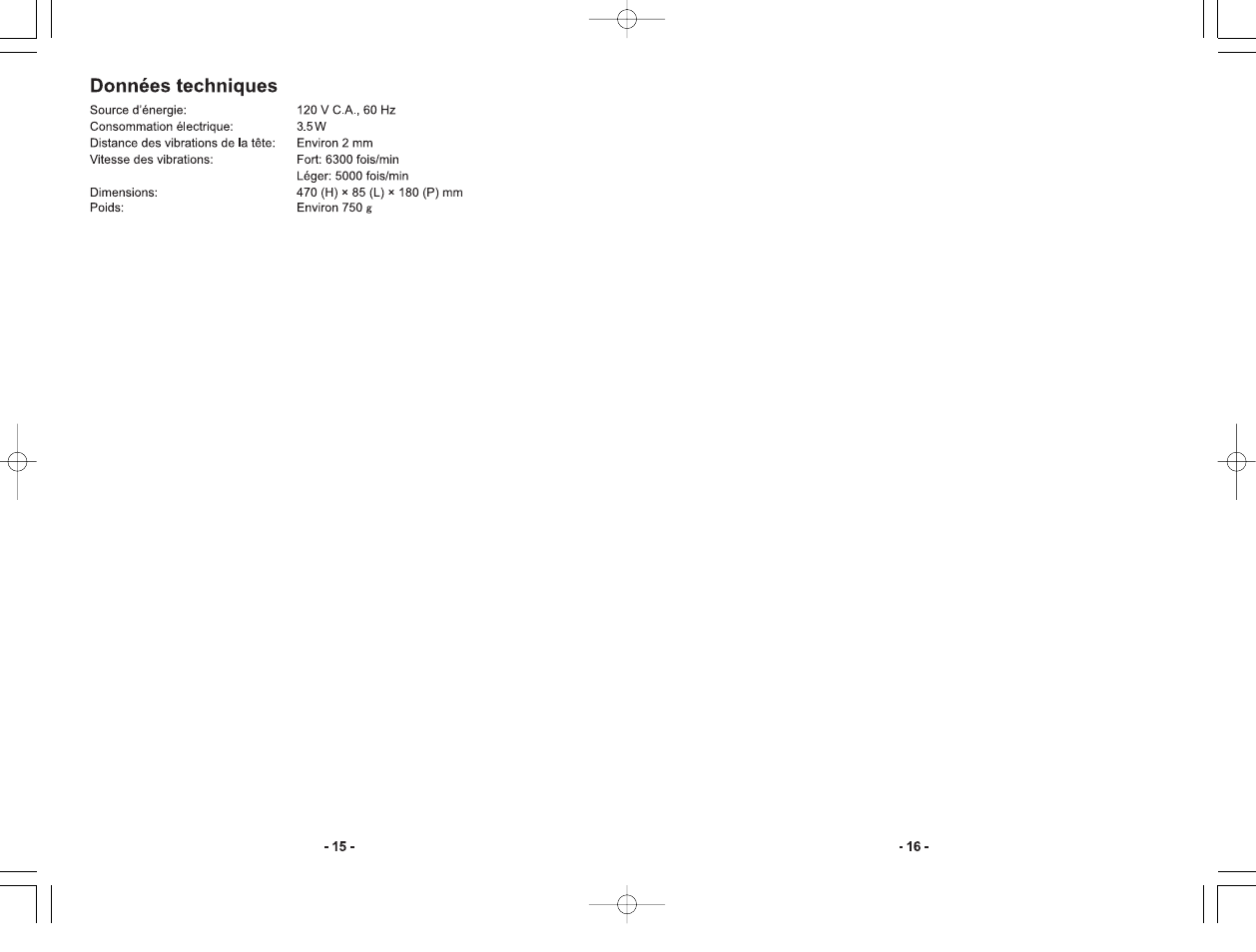 Données techniques | Panasonic EV2510K User Manual | Page 9 / 9