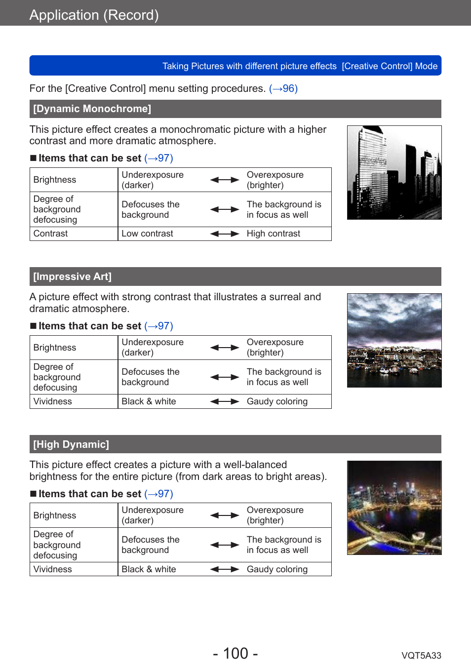 Dynamic monochrome, Impressive art, High dynamic | Application (record) | Panasonic DMC-LF1W User Manual | Page 100 / 285