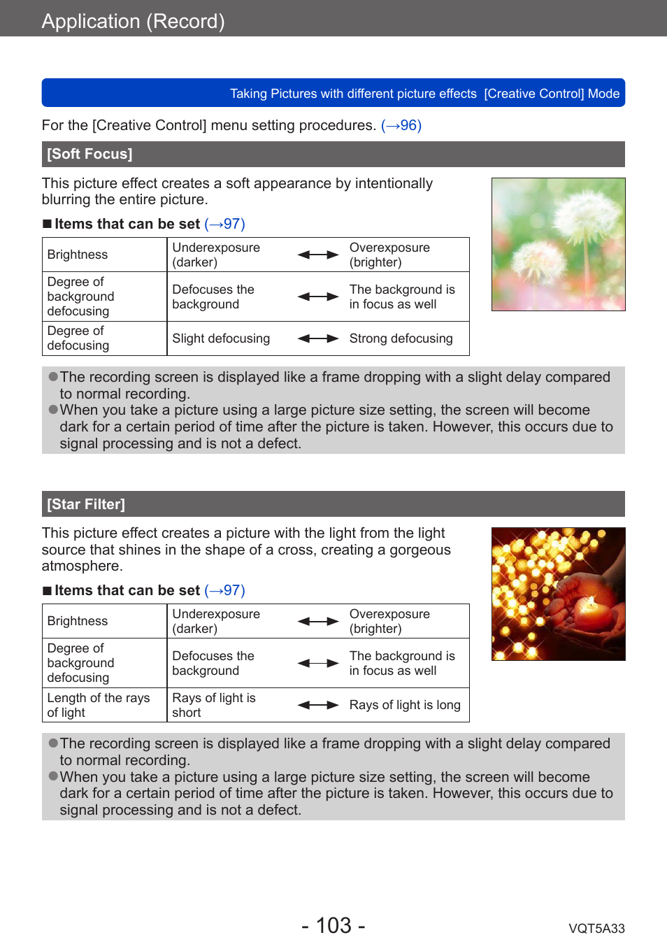 Soft focus, Star filter, Application (record) | Panasonic DMC-LF1W User Manual | Page 103 / 285