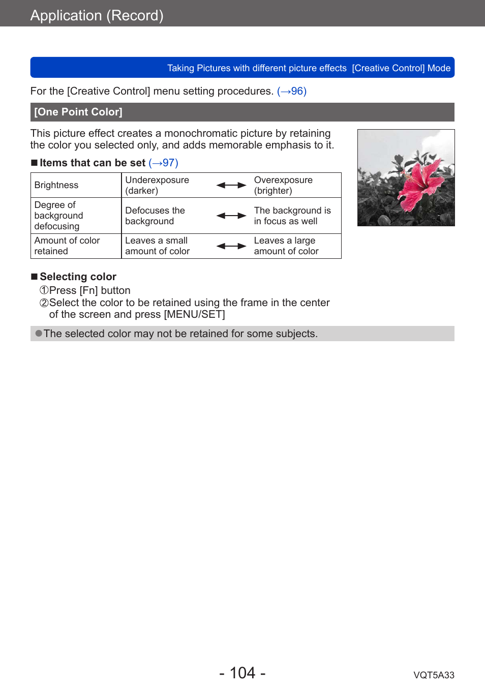 One point color, Application (record) | Panasonic DMC-LF1W User Manual | Page 104 / 285