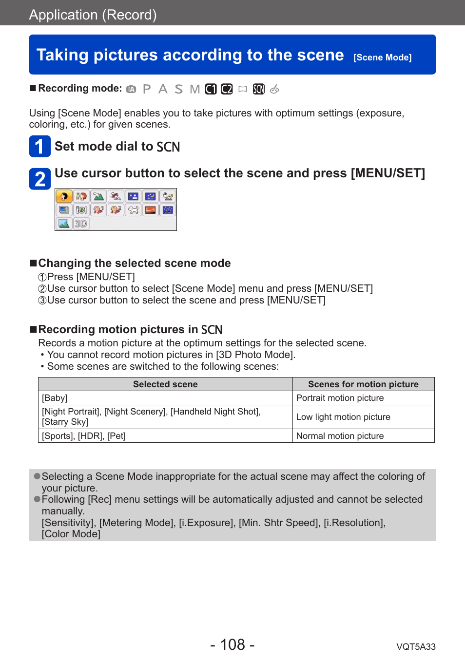 Taking pictures according to the scene [scene mode, Taking pictures according to the scene, Scene mode | Application (record) | Panasonic DMC-LF1W User Manual | Page 108 / 285