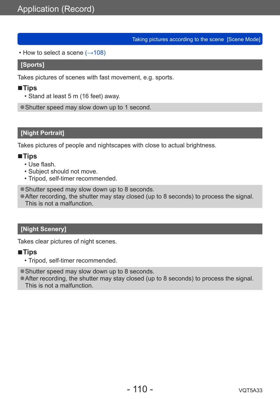 Sports, Night portrait, Night scenery | Panasonic DMC-LF1W User Manual | Page 110 / 285