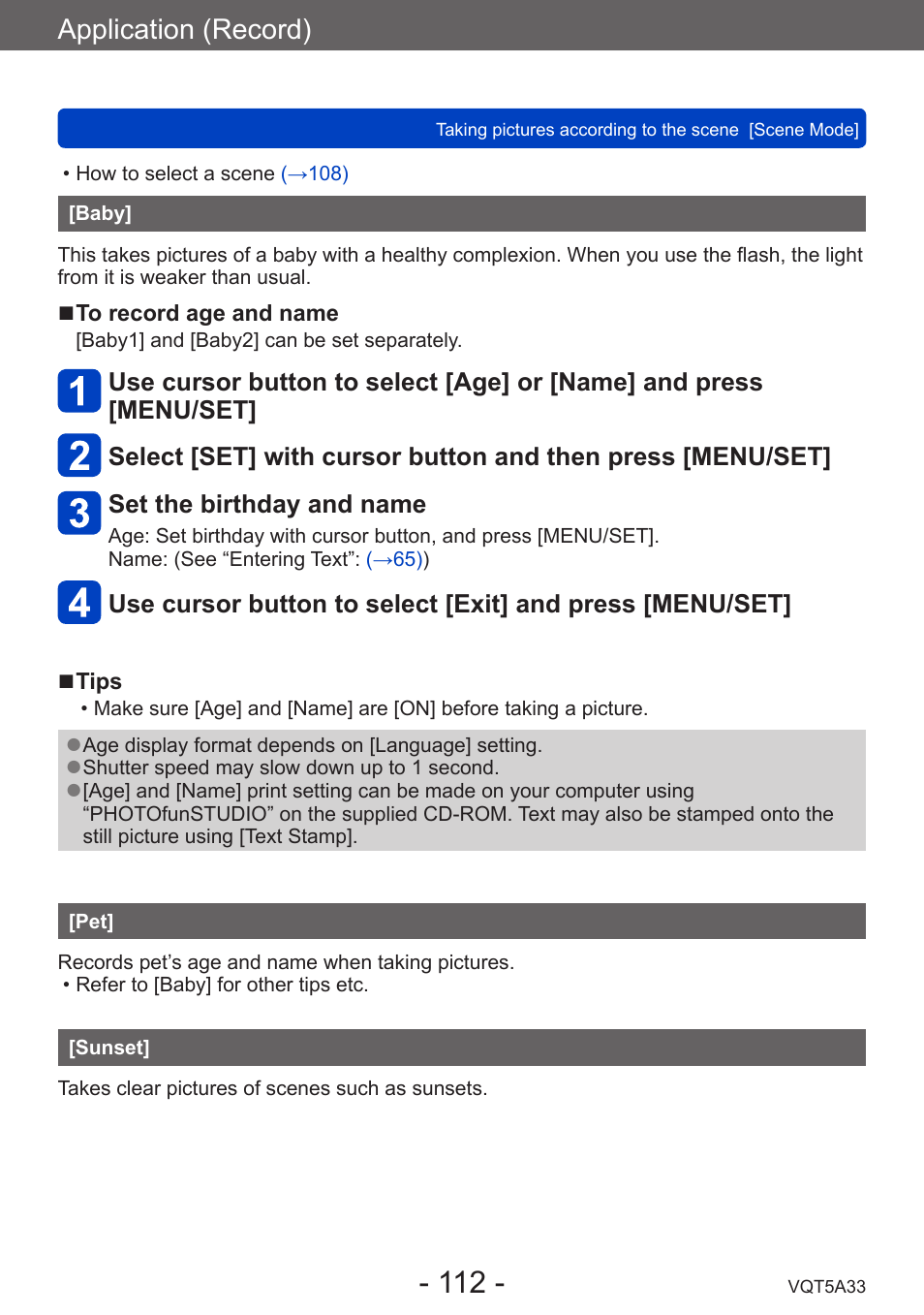 Baby, Sunset, Application (record) | Panasonic DMC-LF1W User Manual | Page 112 / 285