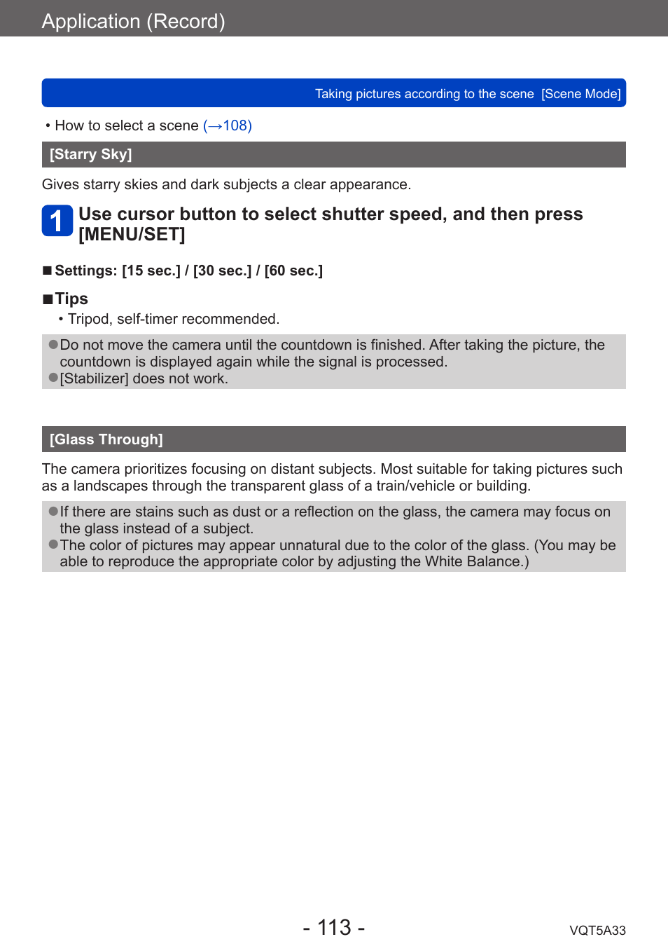 Starry sky, Glass through, Application (record) | Panasonic DMC-LF1W User Manual | Page 113 / 285
