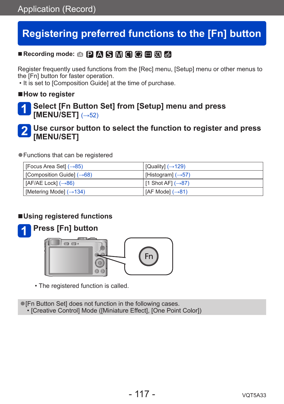 Registering preferred functions to the [fn] button, Registering preferred functions to, The [fn] button | Application (record) | Panasonic DMC-LF1W User Manual | Page 117 / 285