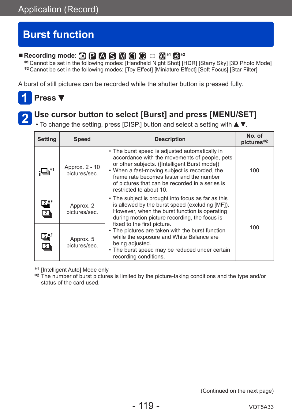 Burst function, Application (record) | Panasonic DMC-LF1W User Manual | Page 119 / 285