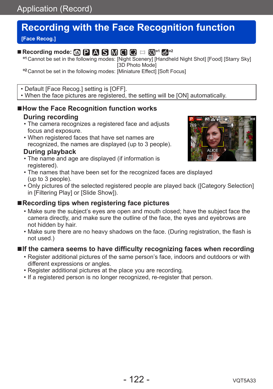 Recording with the face recognition, Function [face recog, Recording with the face recognition function | Application (record) | Panasonic DMC-LF1W User Manual | Page 122 / 285
