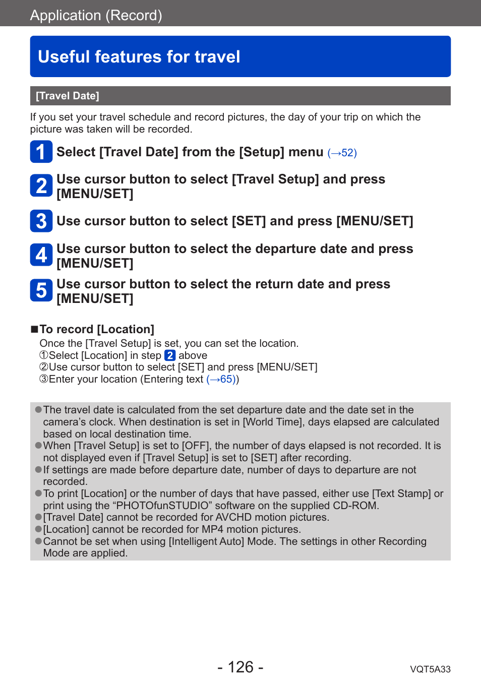 Useful features for travel, Travel date | Panasonic DMC-LF1W User Manual | Page 126 / 285