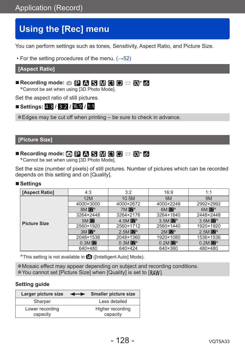 Using the [rec] menu, Aspect ratio, Picture size | Application (record) | Panasonic DMC-LF1W User Manual | Page 128 / 285
