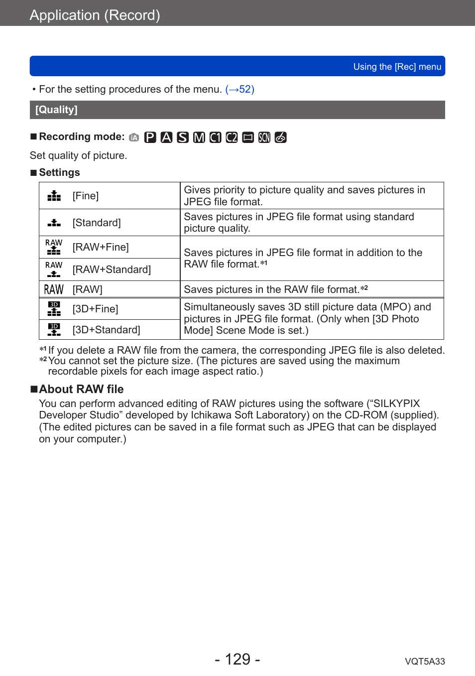 Quality, Application (record) | Panasonic DMC-LF1W User Manual | Page 129 / 285