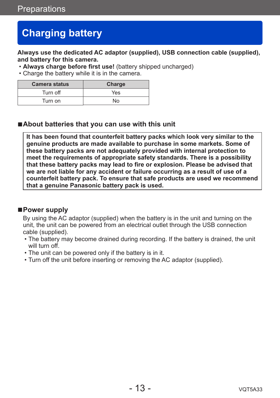 Charging battery, Preparations | Panasonic DMC-LF1W User Manual | Page 13 / 285