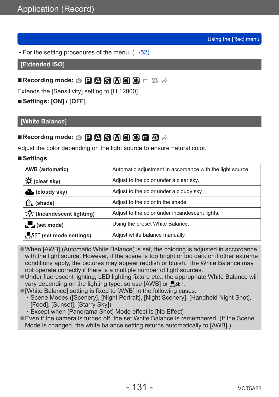 Extended iso, White balance, Application (record) | Panasonic DMC-LF1W User Manual | Page 131 / 285
