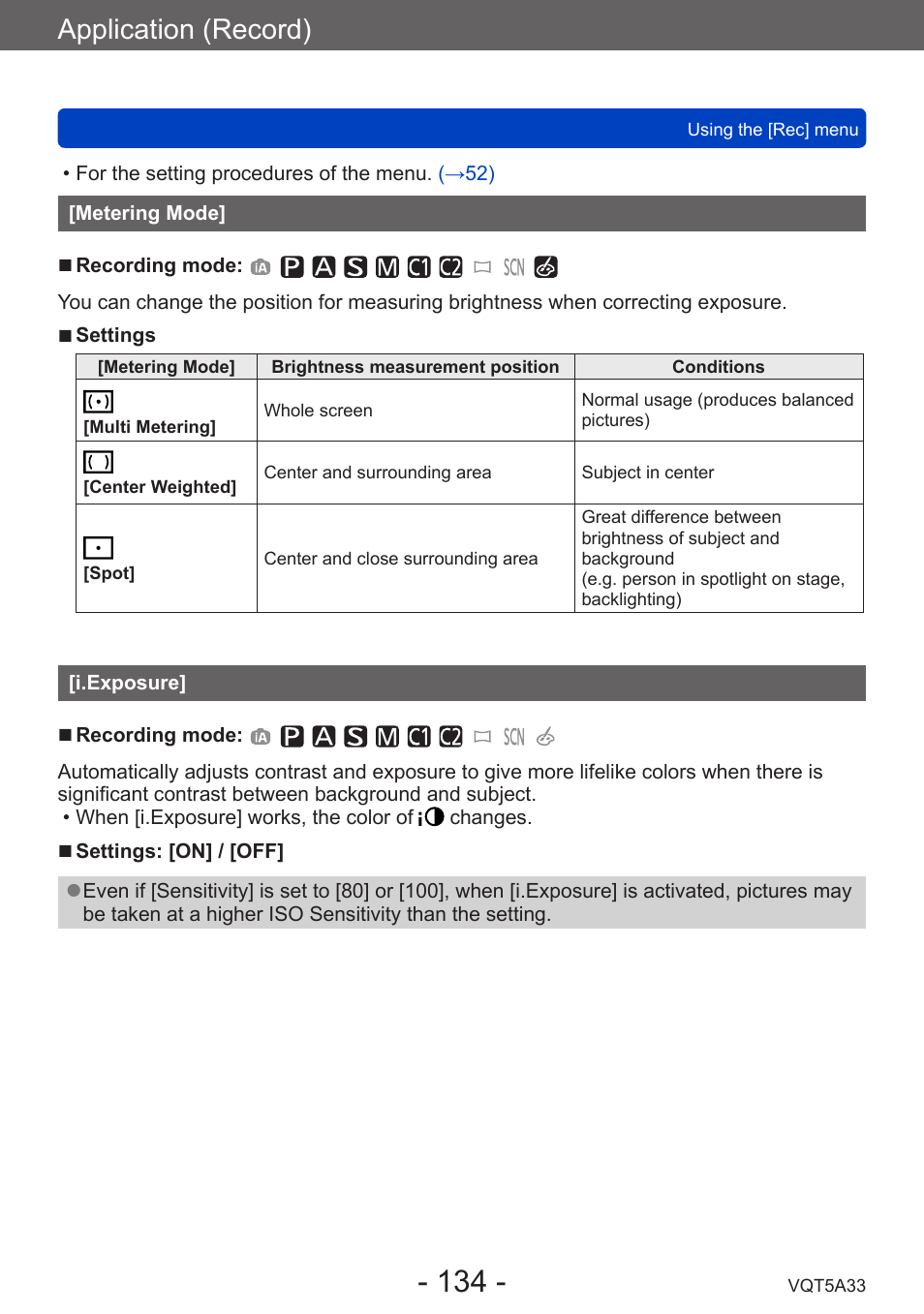 Metering mode, I.exposure, Application (record) | Panasonic DMC-LF1W User Manual | Page 134 / 285