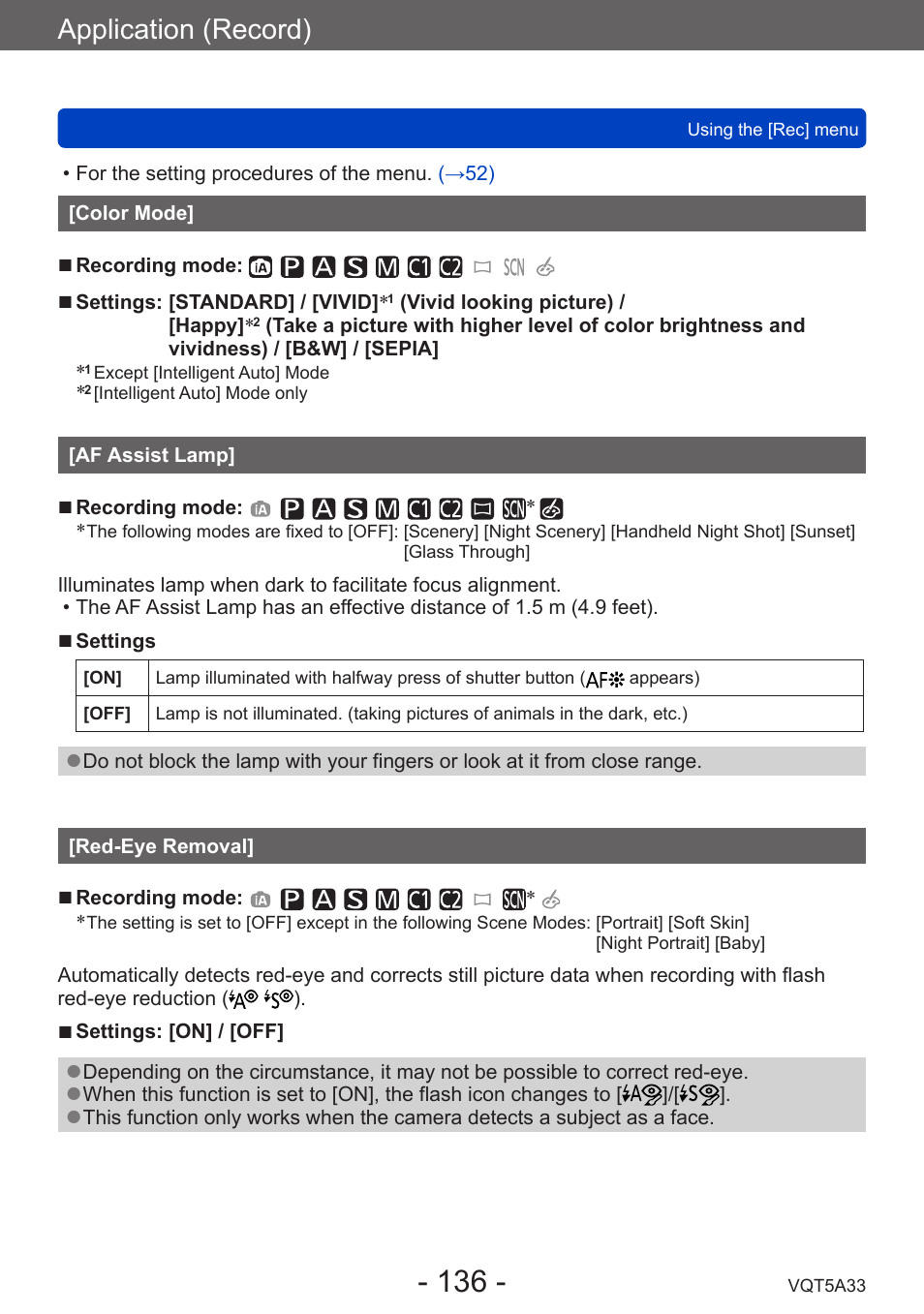 Color mode, Af assist lamp, Red-eye removal | Application (record) | Panasonic DMC-LF1W User Manual | Page 136 / 285