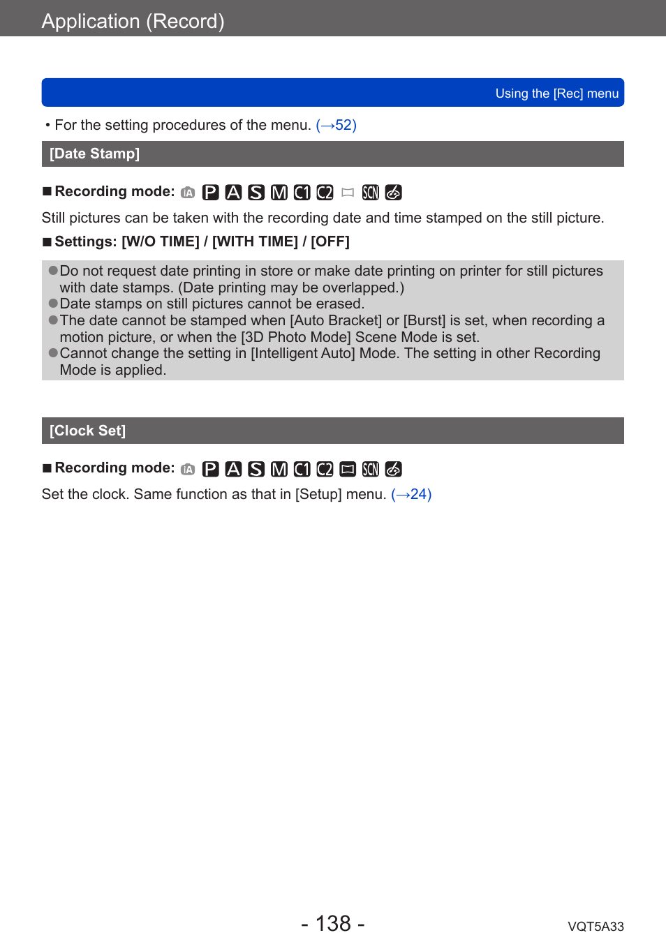 Date stamp, Clock set, Application (record) | Panasonic DMC-LF1W User Manual | Page 138 / 285