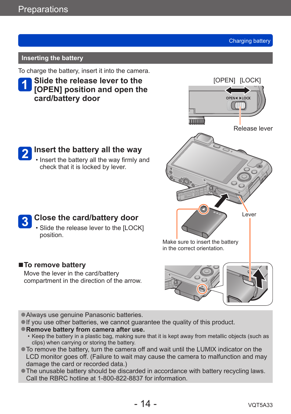 Inserting the battery, Preparations | Panasonic DMC-LF1W User Manual | Page 14 / 285