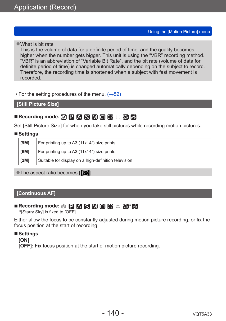 Still picture size, Continuous af, Application (record) | Panasonic DMC-LF1W User Manual | Page 140 / 285