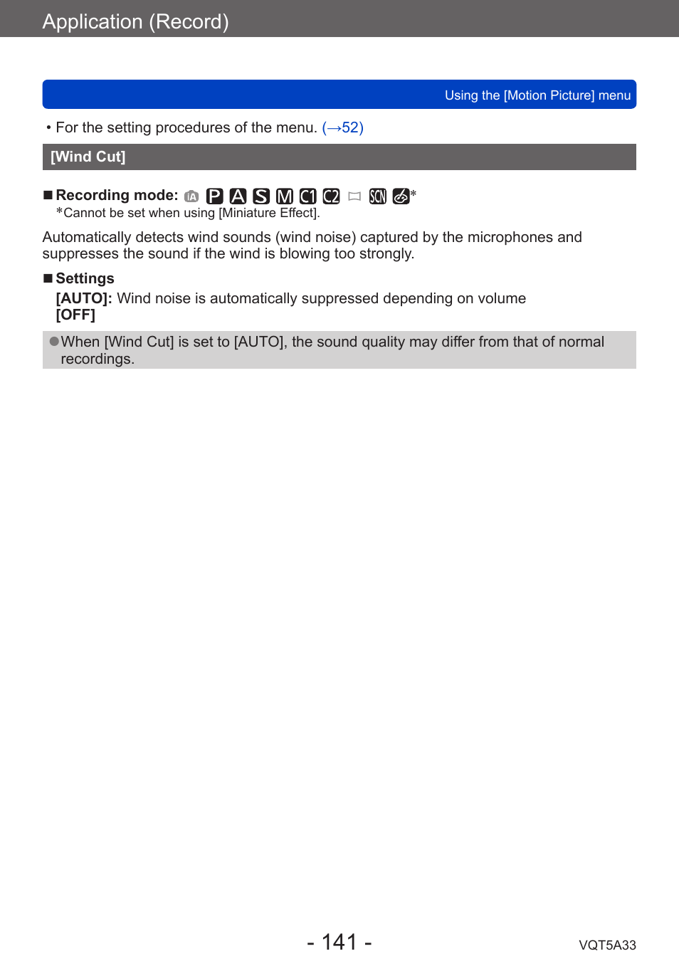 Wind cut, Application (record) | Panasonic DMC-LF1W User Manual | Page 141 / 285