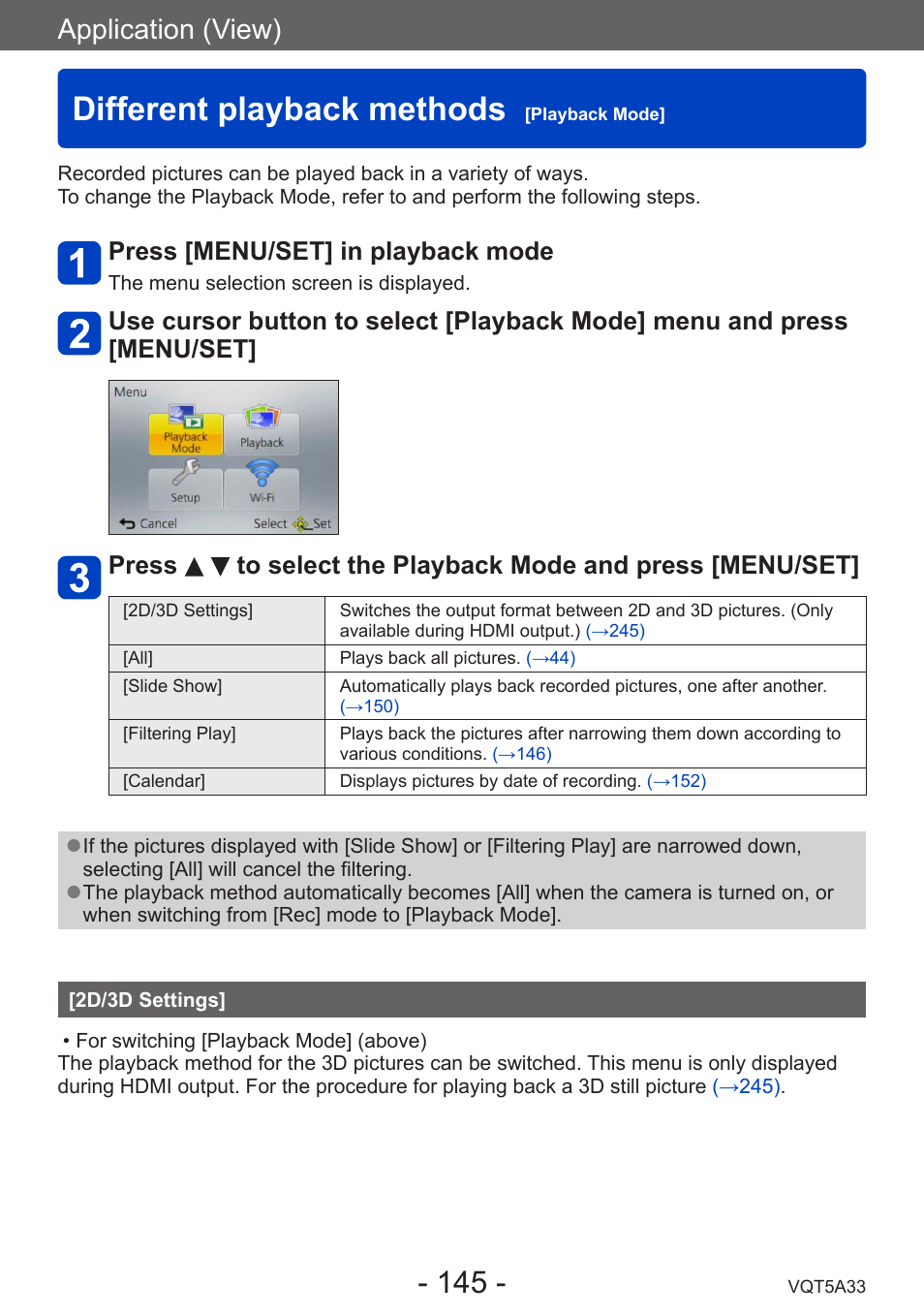 Different playback methods [playback mode, 2d/3d settings, Different playback methods | Playback mode, Application (view), Press [menu/set] in playback mode | Panasonic DMC-LF1W User Manual | Page 145 / 285