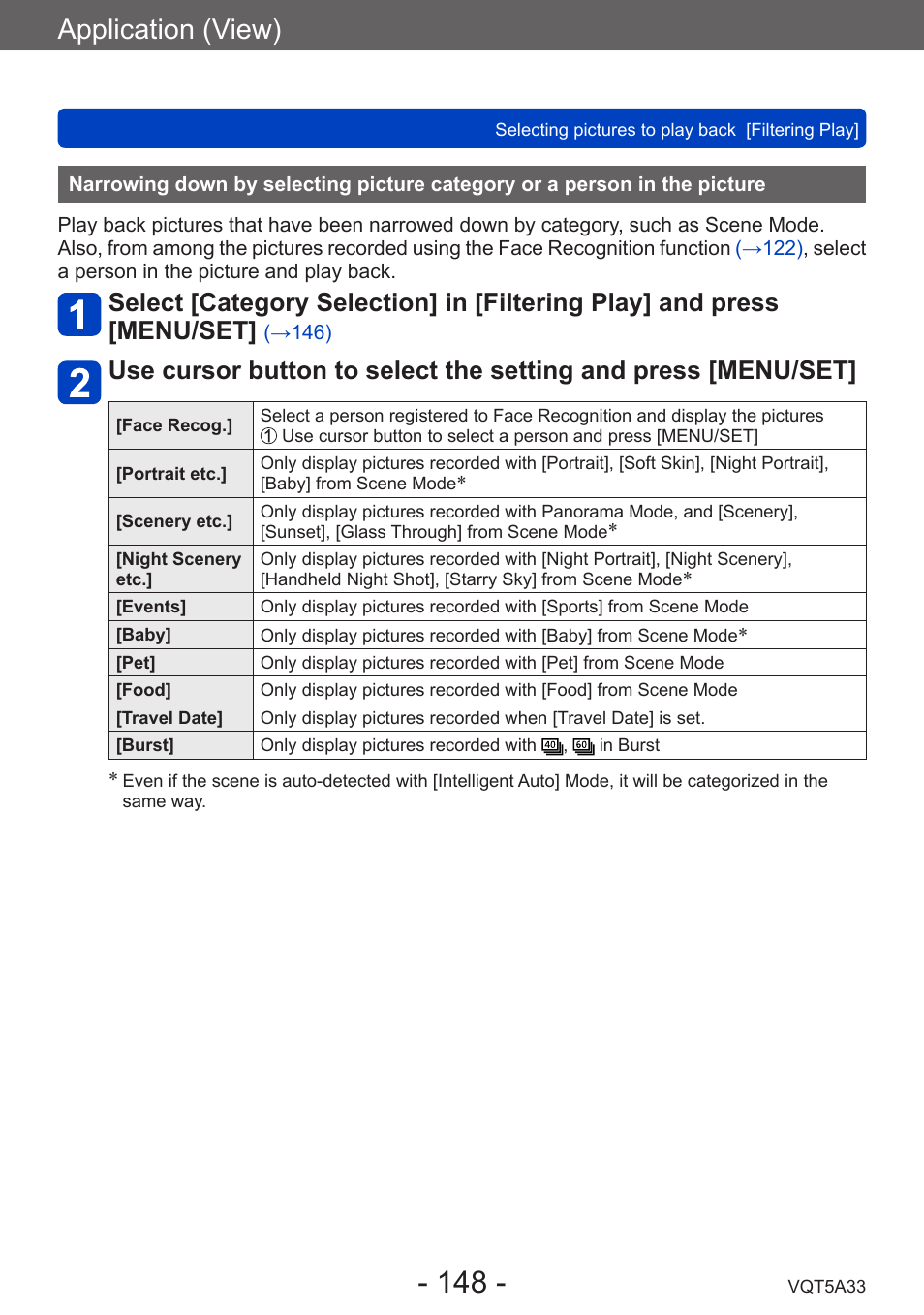 Narrowing down by selecting picture, Category or a person in the picture, Application (view) | Panasonic DMC-LF1W User Manual | Page 148 / 285