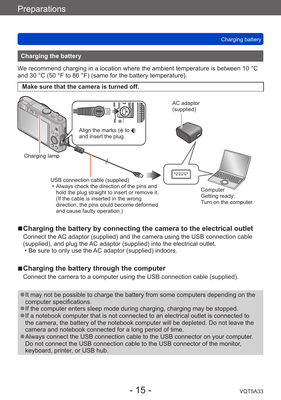 Charging the battery, Preparations | Panasonic DMC-LF1W User Manual | Page 15 / 285