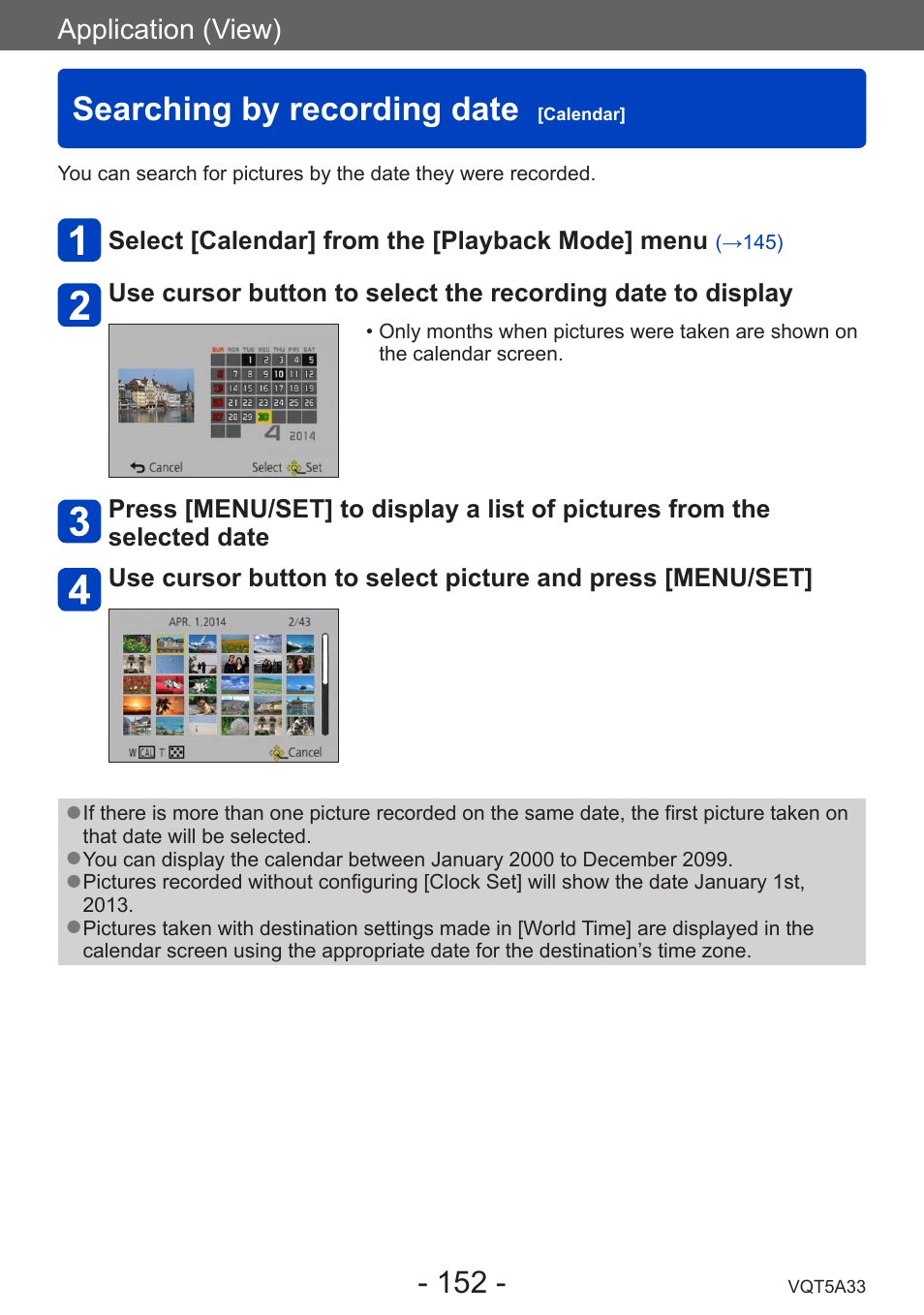 Searching by recording date [calendar, Searching by recording date, Calendar | Panasonic DMC-LF1W User Manual | Page 152 / 285