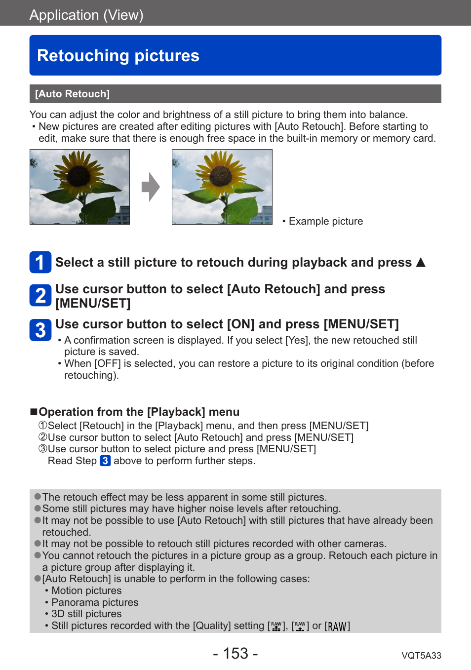 Retouching pictures, Auto retouch, Application (view) | Panasonic DMC-LF1W User Manual | Page 153 / 285