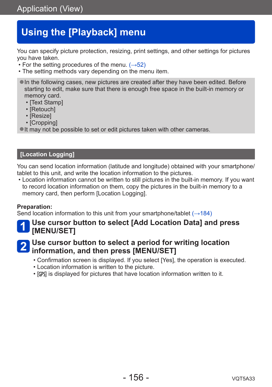 Using the [playback] menu, Location logging, Application (view) | Panasonic DMC-LF1W User Manual | Page 156 / 285