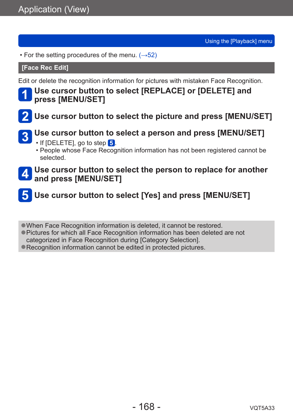 Face rec edit, Application (view) | Panasonic DMC-LF1W User Manual | Page 168 / 285