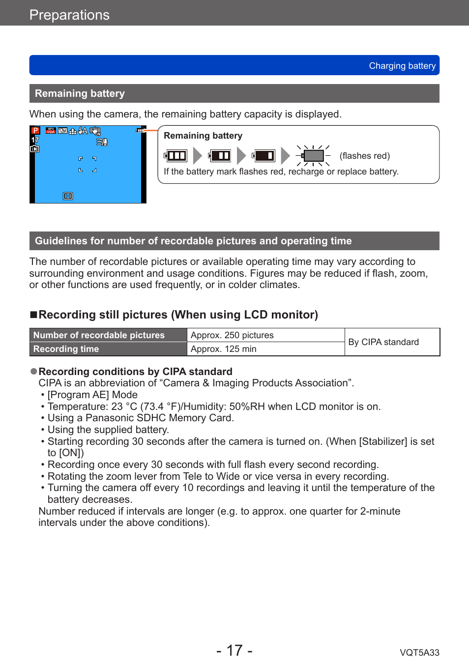 Remaining battery, Guidelines for number of recordable, Pictures and operating time | Preparations | Panasonic DMC-LF1W User Manual | Page 17 / 285