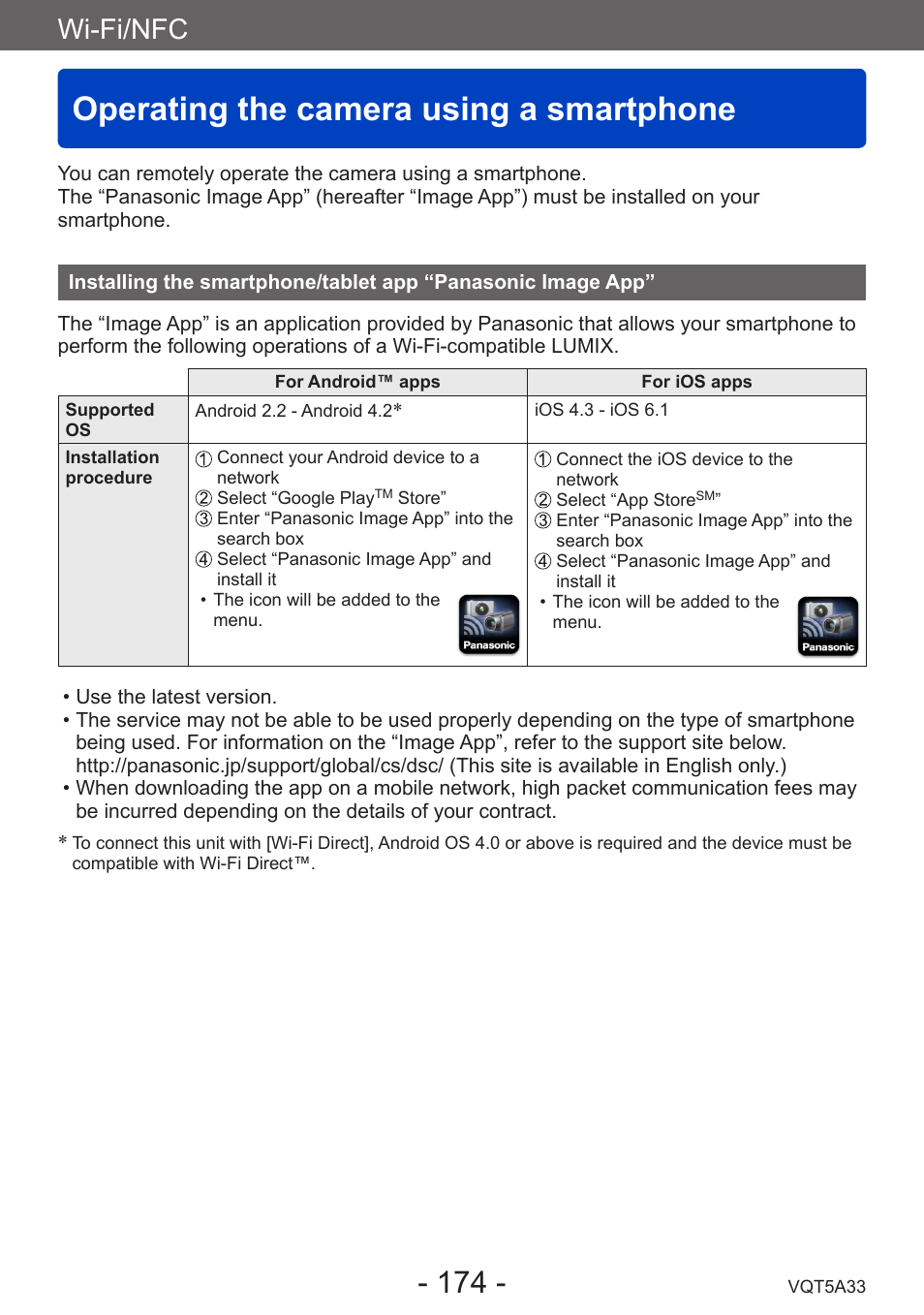 Operating the camera using a smartphone, Operating the camera using a, Smartphone | Installing the smartphone/tablet app, Panasonic image app, Wi-fi/nfc | Panasonic DMC-LF1W User Manual | Page 174 / 285