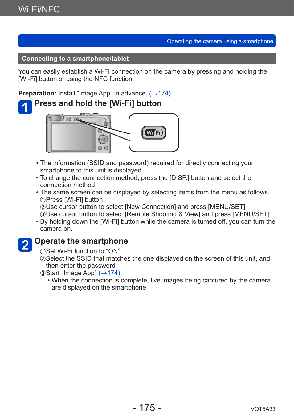 Connecting to a smartphone/tablet, Wi-fi/nfc, Press and hold the [wi-fi] button | Operate the smartphone | Panasonic DMC-LF1W User Manual | Page 175 / 285