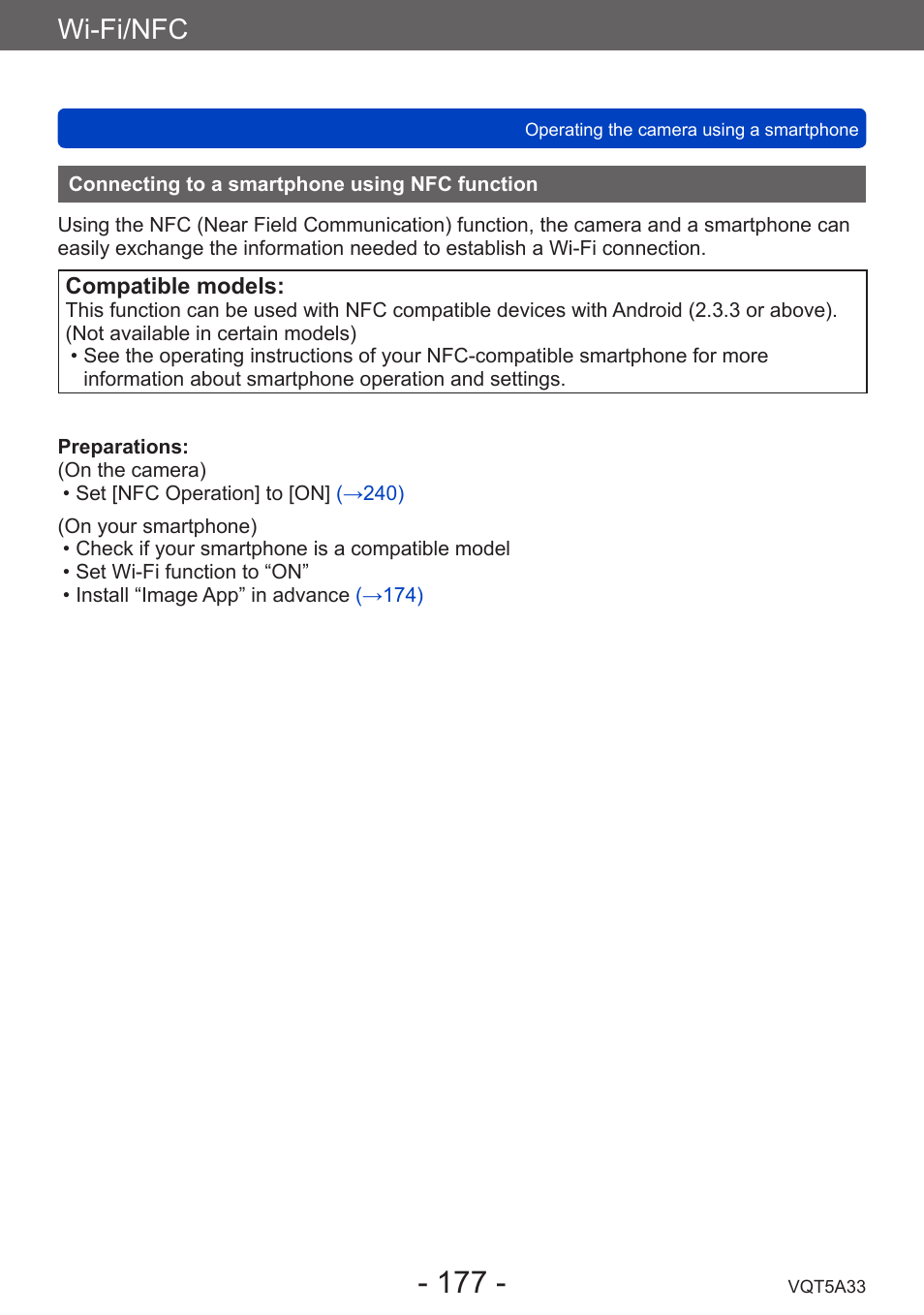 Connecting to a smartphone using nfc function, Connecting to a smartphone using, Nfc function | Wi-fi/nfc | Panasonic DMC-LF1W User Manual | Page 177 / 285
